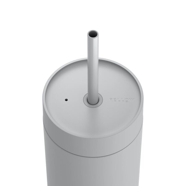 Top view of grey Fellow Carter Cold Tumbler with Cold Lid and straw